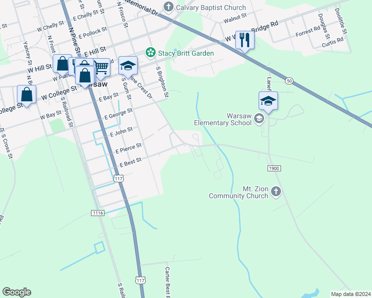 map of restaurants, bars, coffee shops, grocery stores, and more near 348 East Best Street in Warsaw