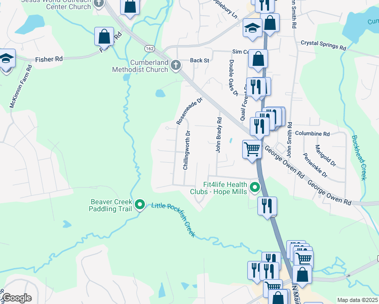 map of restaurants, bars, coffee shops, grocery stores, and more near 2903 Chillingworth Drive in Fayetteville