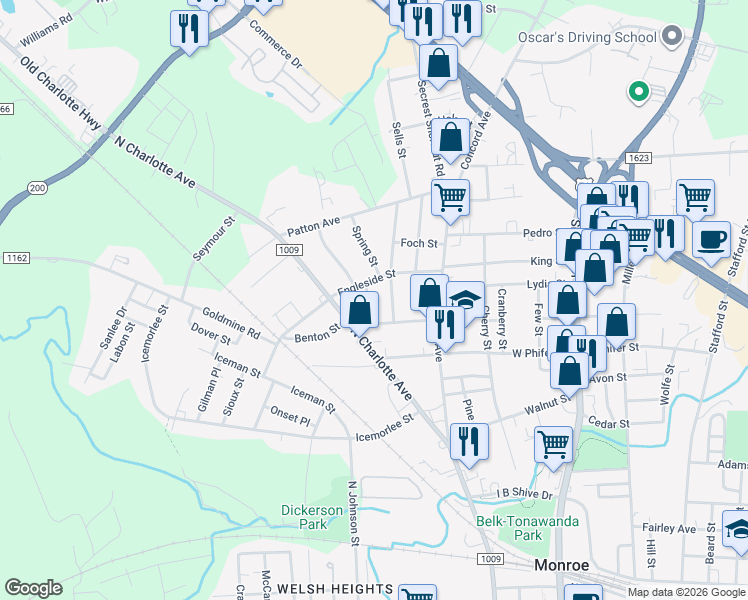 map of restaurants, bars, coffee shops, grocery stores, and more near 525 Engleside Street in Monroe