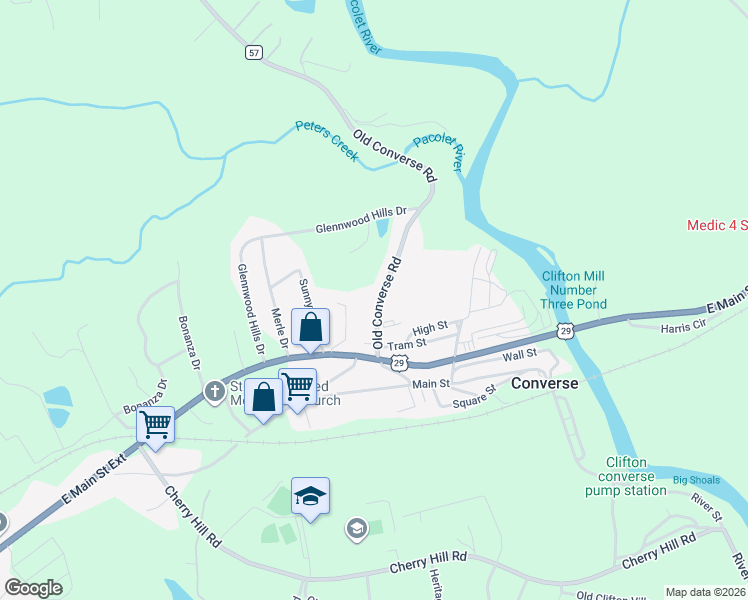 map of restaurants, bars, coffee shops, grocery stores, and more near 251 Old Converse Road in Spartanburg