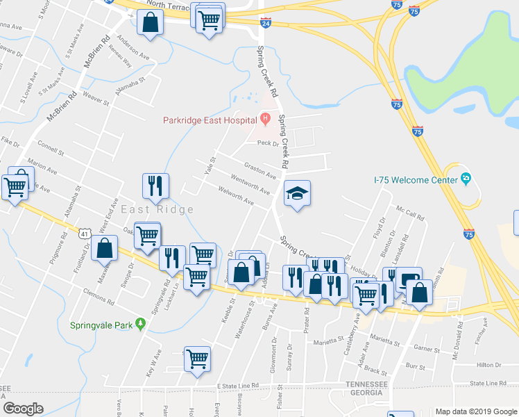 map of restaurants, bars, coffee shops, grocery stores, and more near 6114 Welworth Avenue in East Ridge