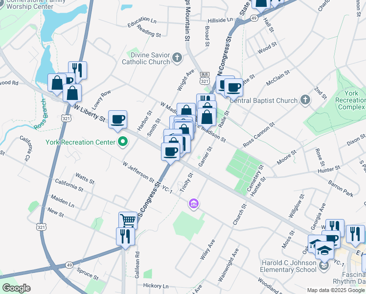 map of restaurants, bars, coffee shops, grocery stores, and more near in York