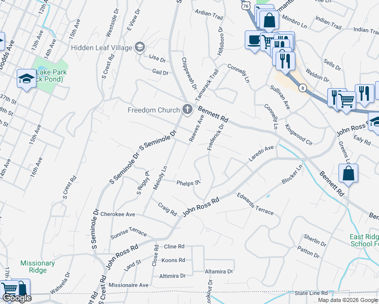 map of restaurants, bars, coffee shops, grocery stores, and more near 3516 Crabtree Drive in Chattanooga