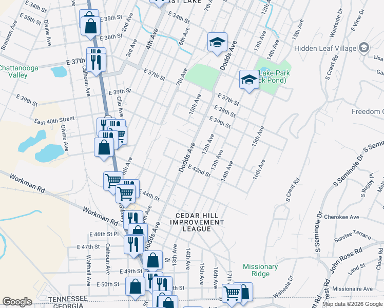 map of restaurants, bars, coffee shops, grocery stores, and more near 4102 Dodds Avenue in Chattanooga