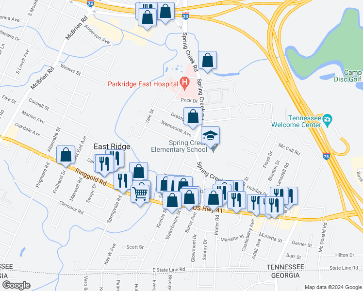 map of restaurants, bars, coffee shops, grocery stores, and more near 6108 Welworth Avenue in East Ridge