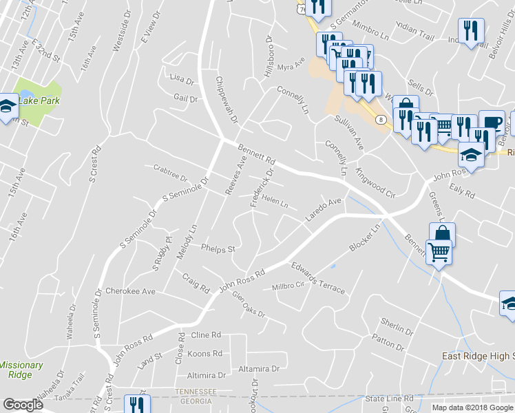 map of restaurants, bars, coffee shops, grocery stores, and more near 3655 Phelps Street in Chattanooga