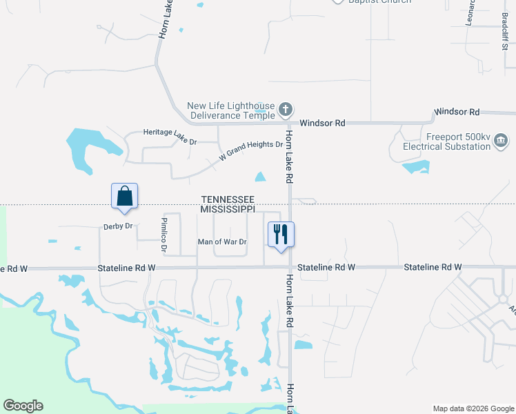 map of restaurants, bars, coffee shops, grocery stores, and more near 4126 Triple Crown Loop North in Southaven