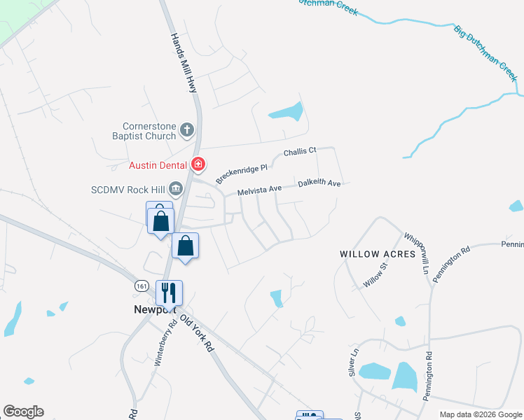 map of restaurants, bars, coffee shops, grocery stores, and more near 1029 Newton Avenue in Rock Hill