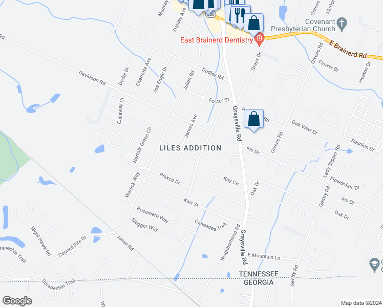 map of restaurants, bars, coffee shops, grocery stores, and more near 8065 Rhodes in Chattanooga