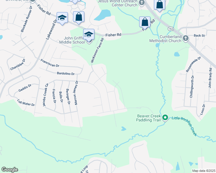 map of restaurants, bars, coffee shops, grocery stores, and more near 4600-5098 McKinnon Farm Road in Fayetteville