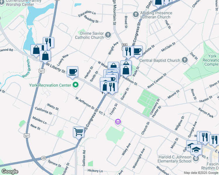 map of restaurants, bars, coffee shops, grocery stores, and more near 22 North Congress Street in York