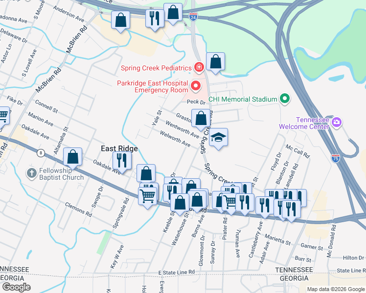 map of restaurants, bars, coffee shops, grocery stores, and more near 6108 Welworth Avenue in East Ridge