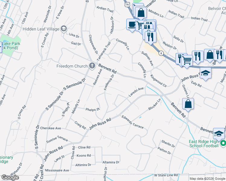 map of restaurants, bars, coffee shops, grocery stores, and more near 3616 Helen Lane in Chattanooga