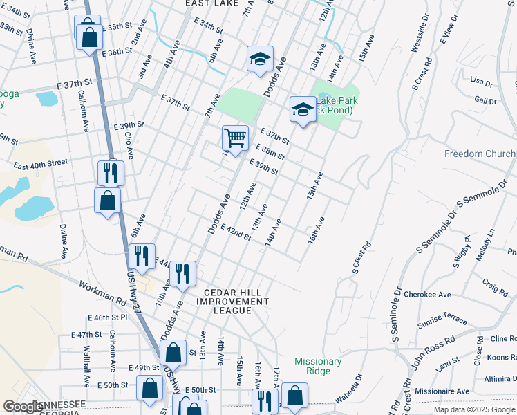 map of restaurants, bars, coffee shops, grocery stores, and more near 4019 13th Avenue in Chattanooga