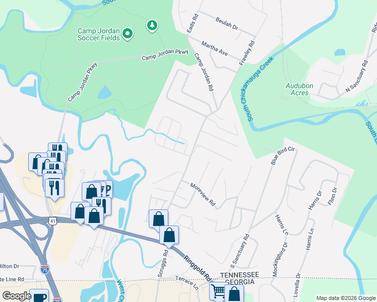 map of restaurants, bars, coffee shops, grocery stores, and more near 503 Frawley Road in Chattanooga
