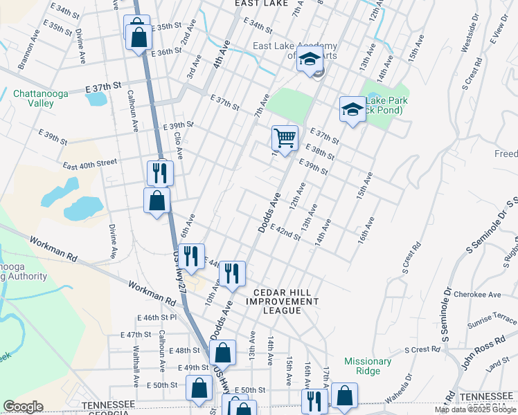 map of restaurants, bars, coffee shops, grocery stores, and more near 4106 10th Avenue in Chattanooga