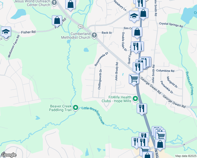 map of restaurants, bars, coffee shops, grocery stores, and more near 2860 Chillingworth Drive in Fayetteville