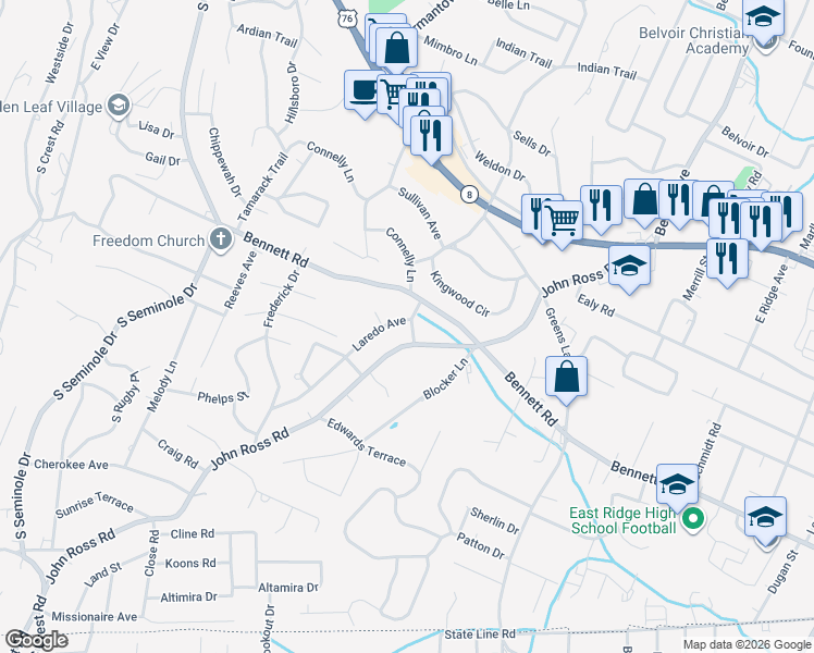 map of restaurants, bars, coffee shops, grocery stores, and more near 1206 Laredo Avenue in Chattanooga