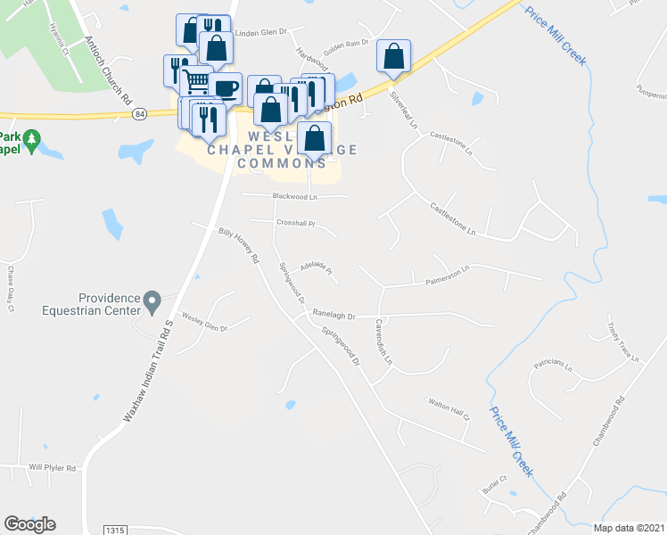 map of restaurants, bars, coffee shops, grocery stores, and more near 6208 Adelaide Place in Waxhaw
