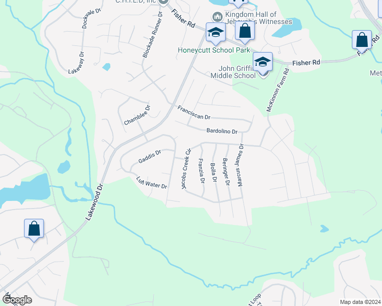 map of restaurants, bars, coffee shops, grocery stores, and more near 6535 Jacobs Creek Circle in Fayetteville