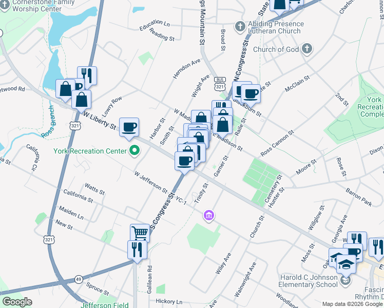 map of restaurants, bars, coffee shops, grocery stores, and more near 27 North Congress Street in York