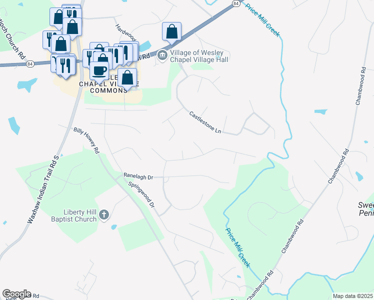 map of restaurants, bars, coffee shops, grocery stores, and more near 6202 Marigold Court in Waxhaw