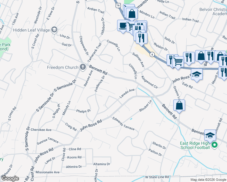 map of restaurants, bars, coffee shops, grocery stores, and more near 3627 Helen Lane in Chattanooga