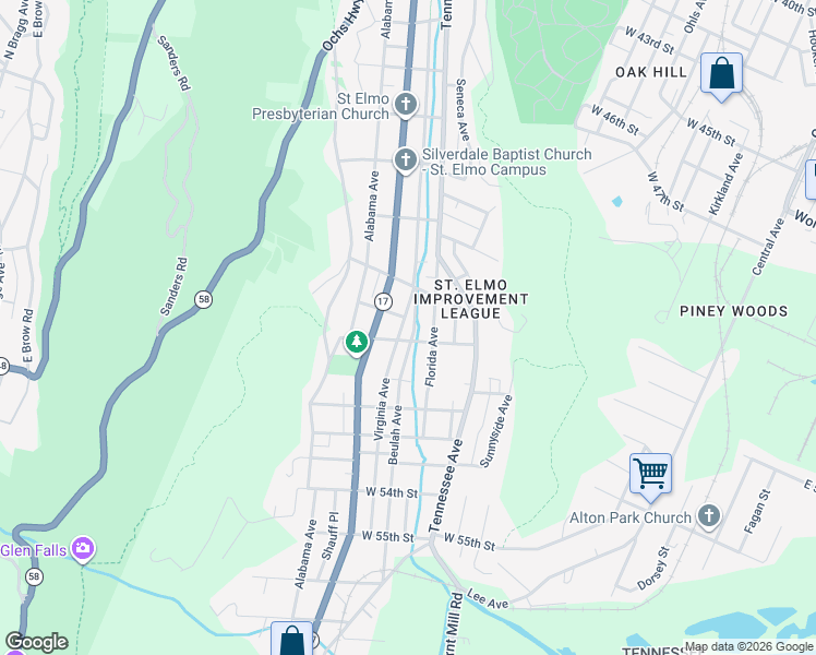 map of restaurants, bars, coffee shops, grocery stores, and more near 4802 Virginia Avenue in Chattanooga