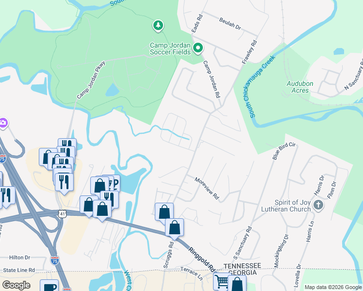 map of restaurants, bars, coffee shops, grocery stores, and more near 517 Frawley Road in Chattanooga