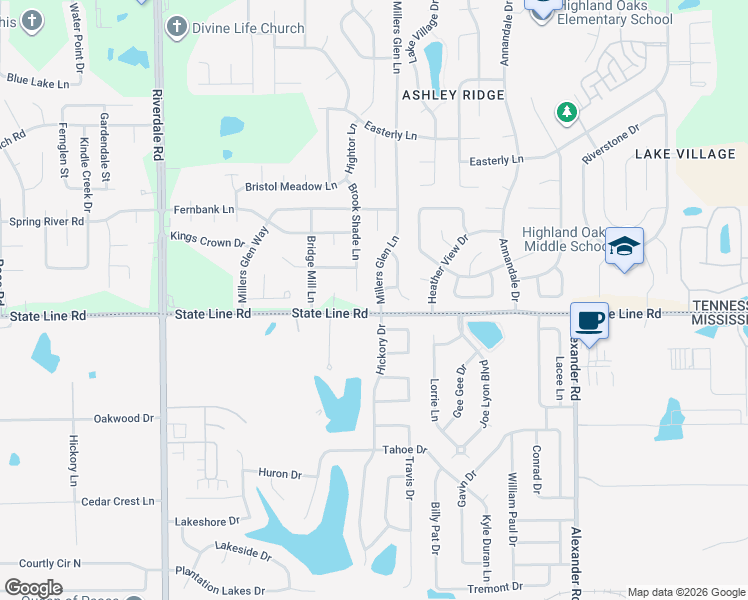 map of restaurants, bars, coffee shops, grocery stores, and more near 5613 Millers Glen Lane in Memphis