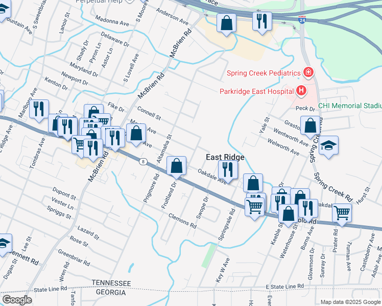 map of restaurants, bars, coffee shops, grocery stores, and more near 1307 West End Avenue in Chattanooga