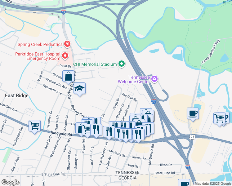 map of restaurants, bars, coffee shops, grocery stores, and more near 1012 Hurst Street in Chattanooga