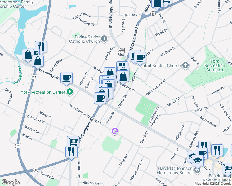 map of restaurants, bars, coffee shops, grocery stores, and more near 13 North Roosevelt Street in York