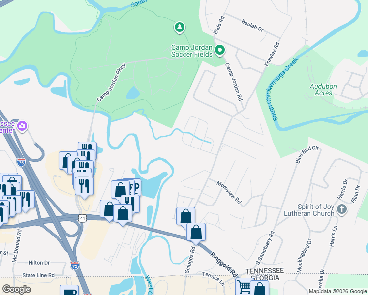 map of restaurants, bars, coffee shops, grocery stores, and more near 503 Frawley Rd in Chattanooga