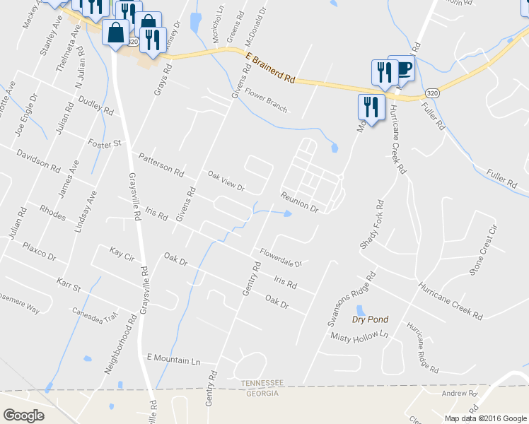 map of restaurants, bars, coffee shops, grocery stores, and more near 8439 Lady Slipper Road in Chattanooga