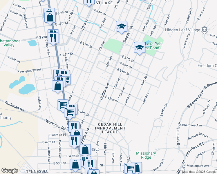 map of restaurants, bars, coffee shops, grocery stores, and more near 4102 Dodds Avenue in Chattanooga