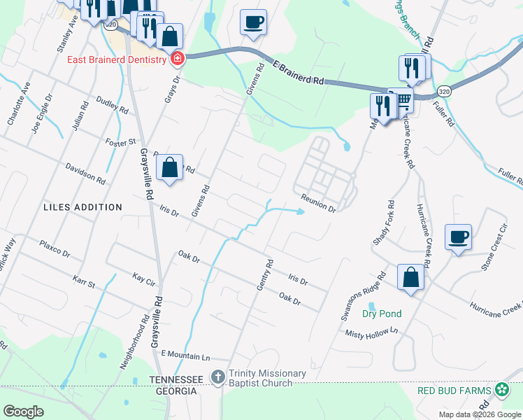 map of restaurants, bars, coffee shops, grocery stores, and more near 8560 Keystone Cir in Chattanooga