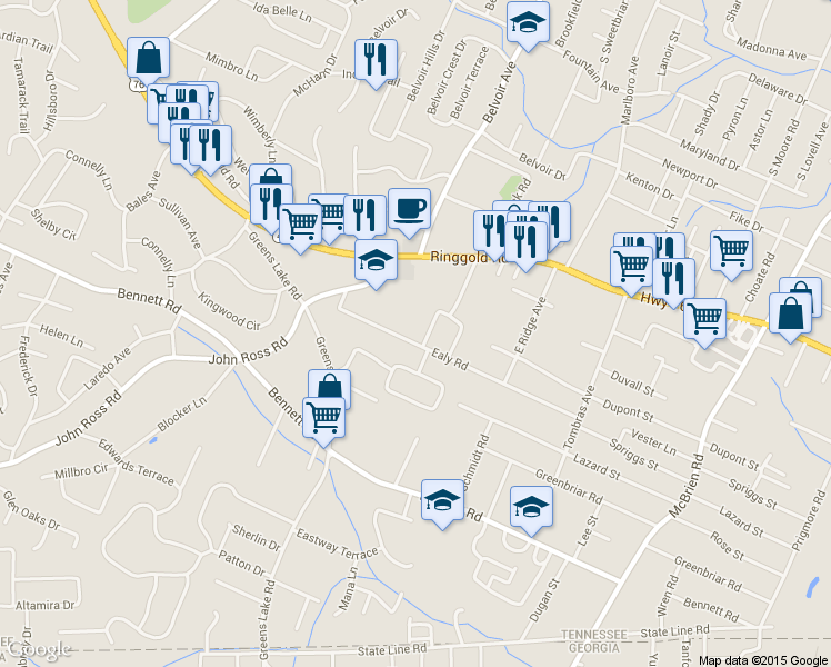 map of restaurants, bars, coffee shops, grocery stores, and more near 4025 Ealy Road in Chattanooga