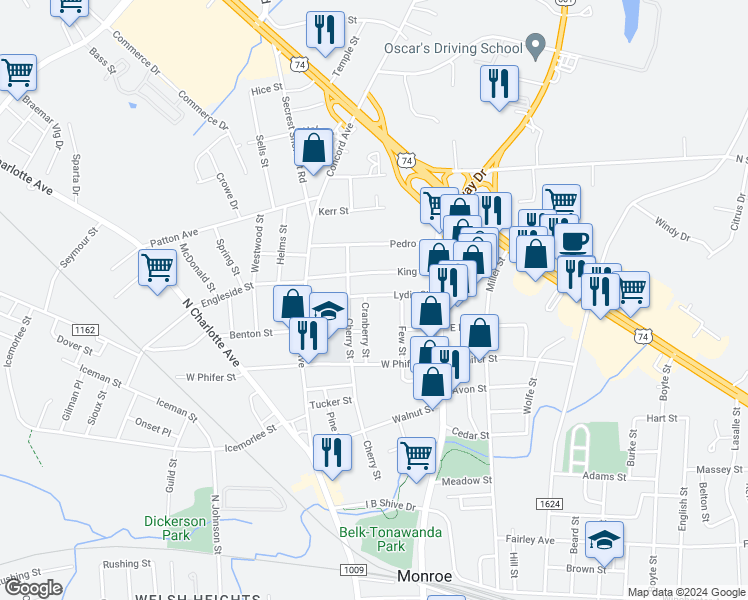 map of restaurants, bars, coffee shops, grocery stores, and more near 209 Lydia Street in Monroe