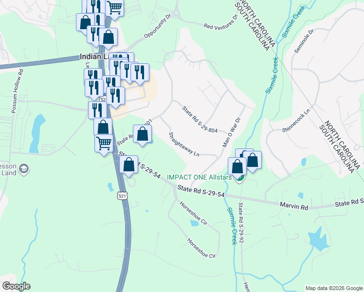 map of restaurants, bars, coffee shops, grocery stores, and more near Straightaway Lane in Indian Land