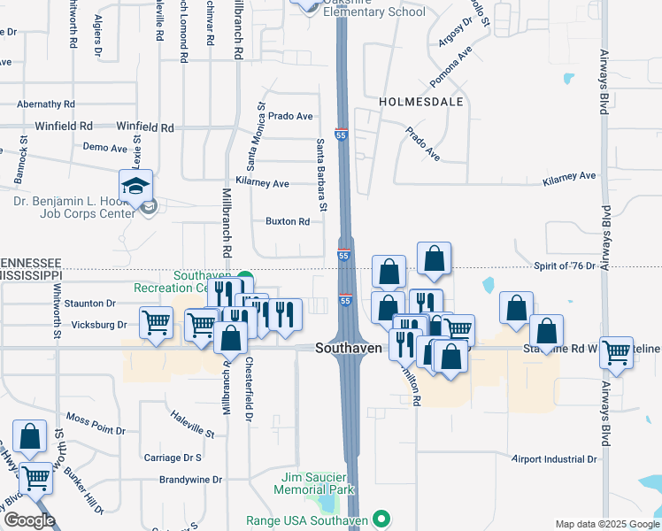 map of restaurants, bars, coffee shops, grocery stores, and more near 5618 Santa Barbara Street in Memphis