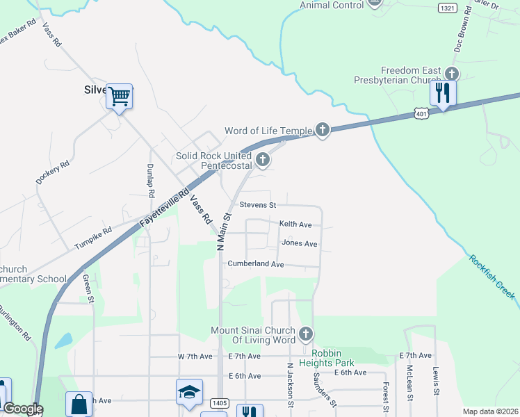map of restaurants, bars, coffee shops, grocery stores, and more near 209 Doby Drive in Raeford
