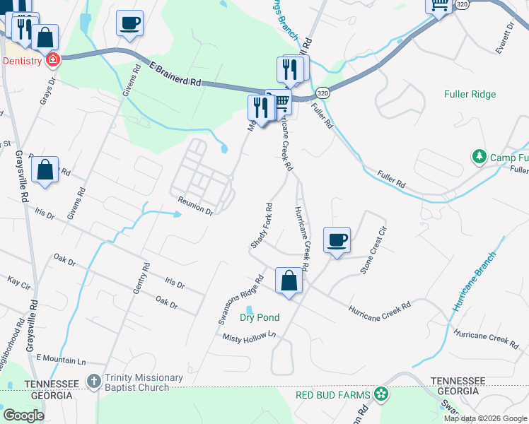 map of restaurants, bars, coffee shops, grocery stores, and more near 1037 Shady Fork Road in Chattanooga