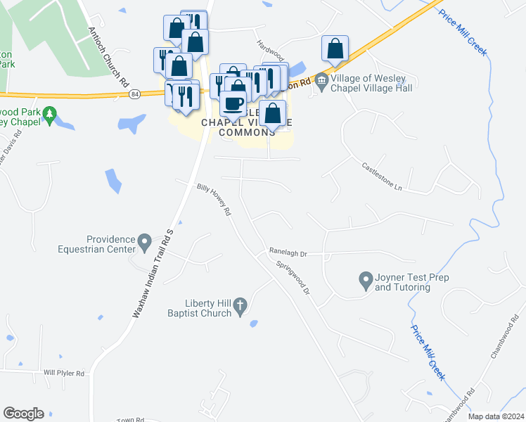 map of restaurants, bars, coffee shops, grocery stores, and more near 6218 Adelaide Place in Waxhaw