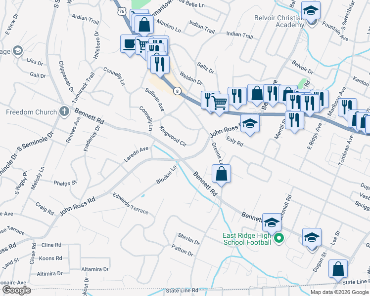 map of restaurants, bars, coffee shops, grocery stores, and more near 3830 Kingwood Circle in Chattanooga