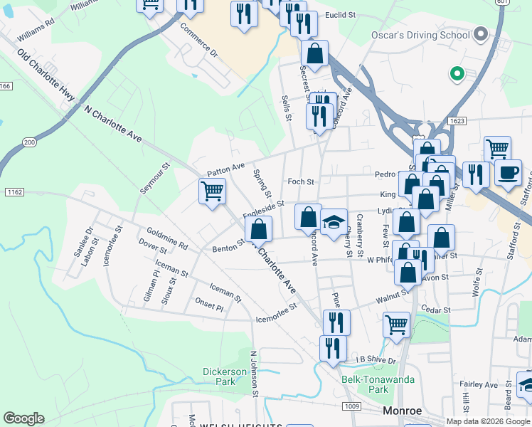 map of restaurants, bars, coffee shops, grocery stores, and more near 525 Engleside Street in Monroe
