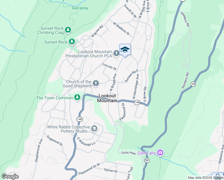 map of restaurants, bars, coffee shops, grocery stores, and more near 115 North Bragg Avenue in Lookout Mountain