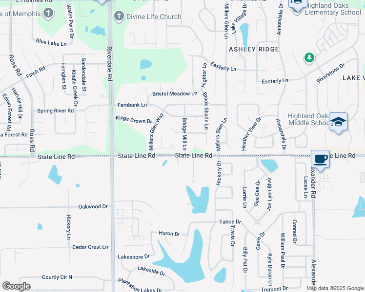 map of restaurants, bars, coffee shops, grocery stores, and more near 5605 Bridge Mill Lane in Memphis