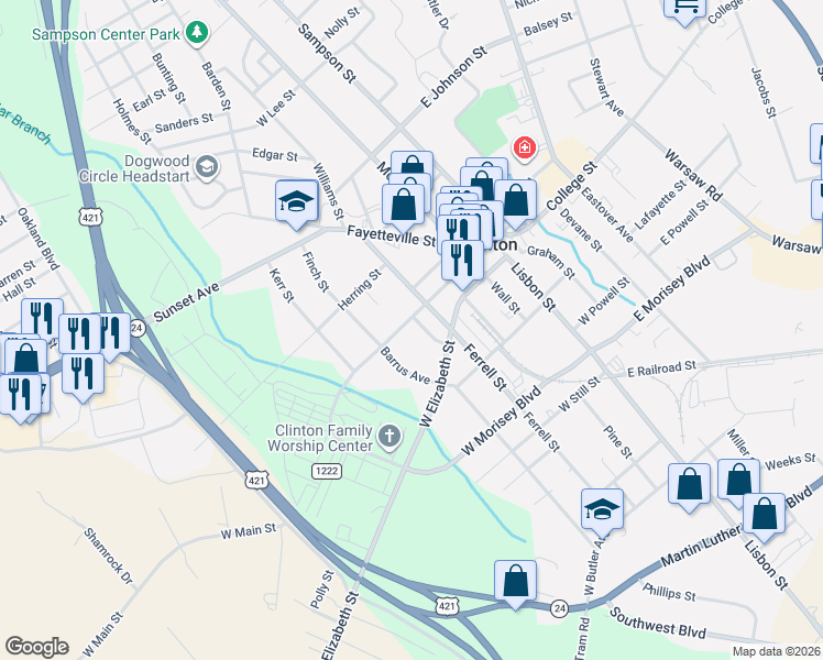 map of restaurants, bars, coffee shops, grocery stores, and more near 319 West Main Street in Clinton