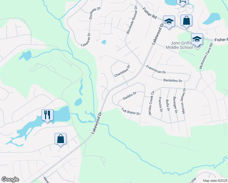 map of restaurants, bars, coffee shops, grocery stores, and more near 2521 Lull Water Drive in Fayetteville